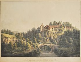 Johann Friedrich Bruder (1782 – Dresden – 1838) : Schloß Lohmen / Aquatinta-Radierung - Antiquariat Steutzger