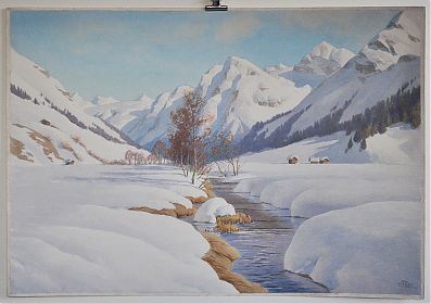 Carl Kessler (*1876): Spätwinter bei Klosters/Graubünden - Aquarell - Antiquariat Steutzger, Wasserburg am Inn