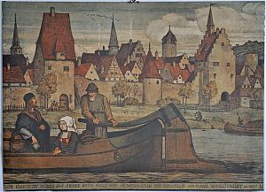 Matthäus Schiestl: Wie Albrecht Dürer auf seiner Reise nach den Niederlanden an Sulzfeld am Main vorbeifährt. - Farblithographie, 1903 - Antiquarat Steutzger