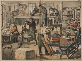 Buchbinder-Werkstätte: Farblithographie, 1875 (Schreiber-Eßlingen) - Antiquariat Steutzger