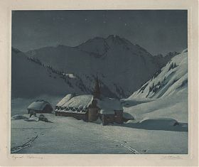 Carl Kessler (*1876): Sternennacht über St. Christoph am Arlberg / Farbradierung, um 1925 / Antiquariat Steutzger