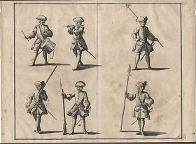 Waffen u.a. - Kupferstich, aus : Johann Friedrich von Fleming (Flemming) : Der vollkommene Soldat, 1726