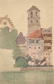 Hans Ganser (1897-1970) : Wasserburg am Inn / Innfront mit Jakobskriche. - Aquarell / Antiquariat Joseph Steutzger / Buch am Buchrain & Wasserburg am Inn