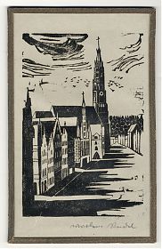 Marlene Reidel (Landshut - Obergangkofen) : Landshut/Martinskriche - Linolschnitt/Holzschntt - Antiquariat Joseph Steutzger / Wasserburg am Inn & Buch am Buchrain