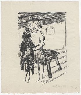 Gretel Loher-Schmeck (1907 Augsburg - Frotzhofen/Anzing - Ebersberg 2003) : Mädchen mit großer Katze. - Kreide-Lithographie. - Kunshandel Joseph Steutzger - Wasserburg am Inn & Buch am Buchrain